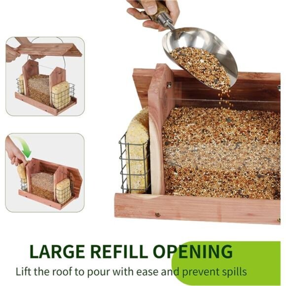 US Cedar Hopper Bird Feeder for Outdoors Hanging, Handcrafted Wood - Picture 6 of 7